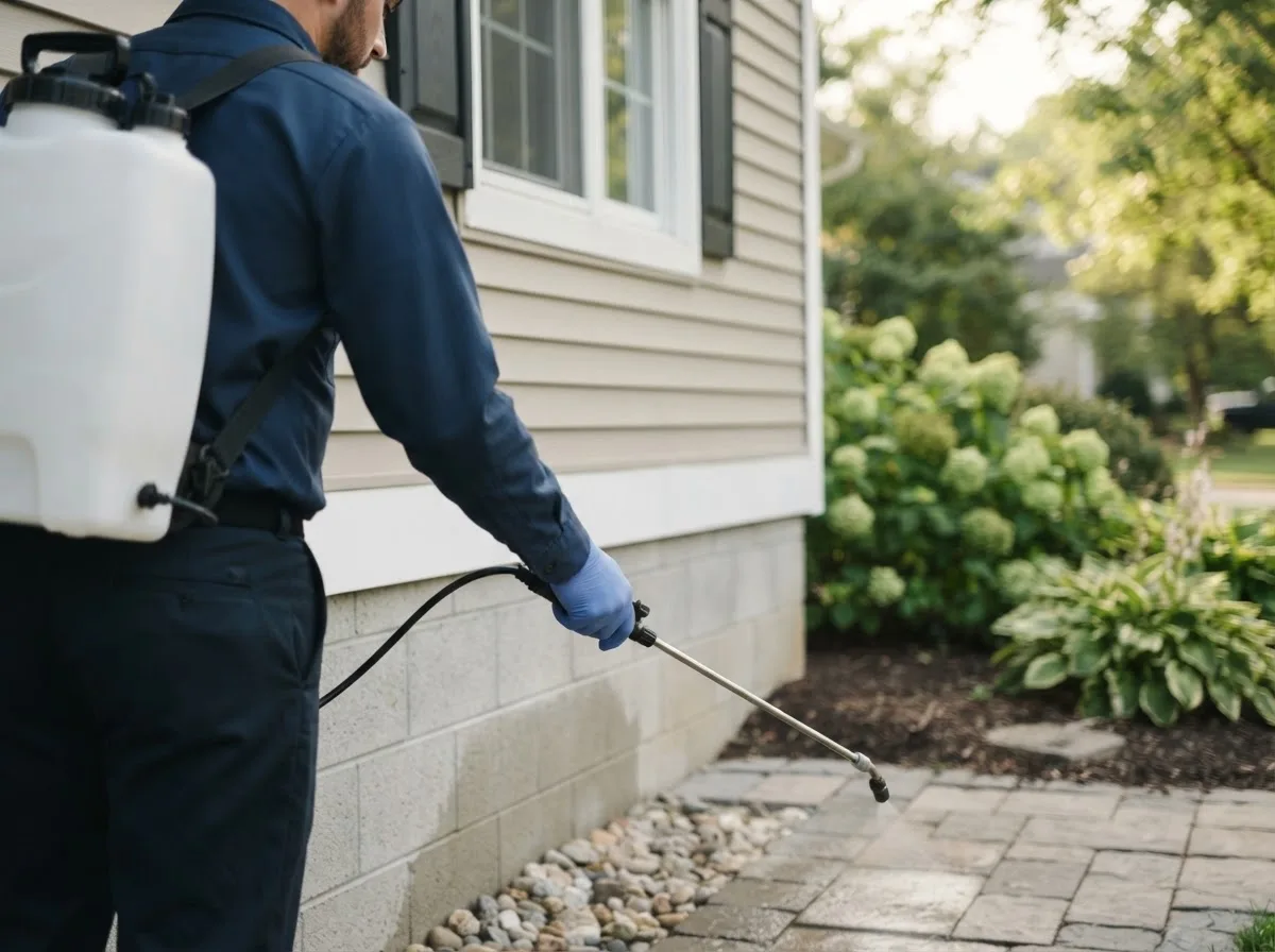 Pest control technician inspecting a home in Elmaton, TX